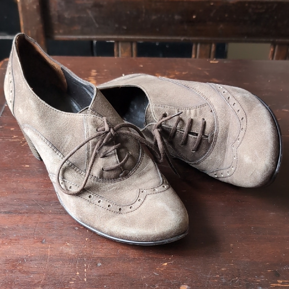 Vintage Brown Taupe Suede Oxford Shoes Paul Green 8 Leather Heels